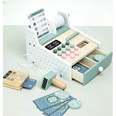 Drewniana kasa fiskalna sklepowa dla dzieci akcesoria zabawa w sklep