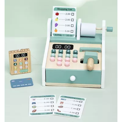 Drewniana kasa fiskalna sklepowa dla dzieci akcesoria zabawa w sklep