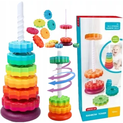 Tęczowa Wieża Piramida Montessori 6 Dysków Edukacyjna 40 cm