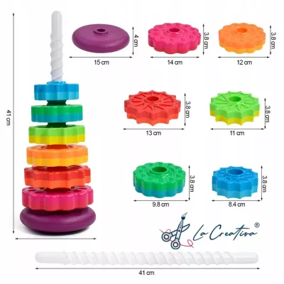 Tęczowa Wieża Piramida Montessori 6 Dysków Edukacyjna 40 cm