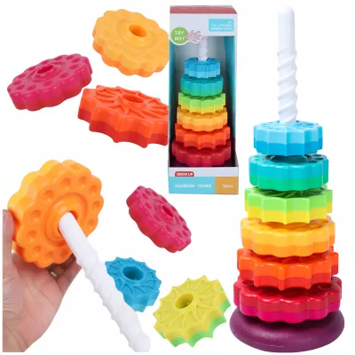 Tęczowa Wieża Piramida Montessori 6 Dysków Edukacyjna 40 cm